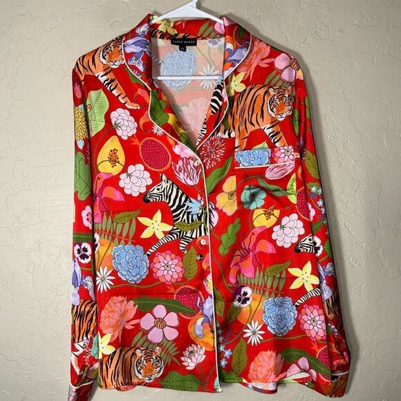 Karen mabon jungle theme satin long sleeve button front sleep shirt - Picture 1 of 6